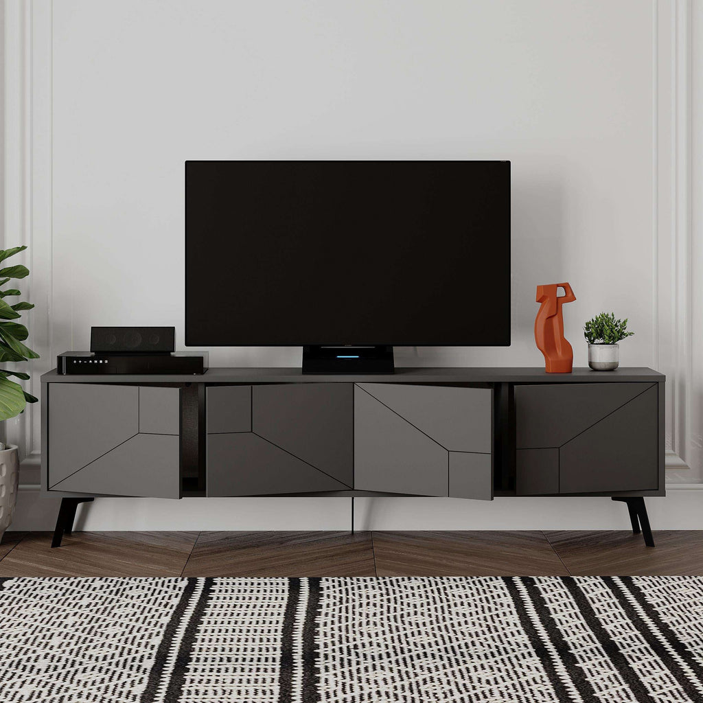 Modern TV stand with storage cabinet, dark grey finish, low console design