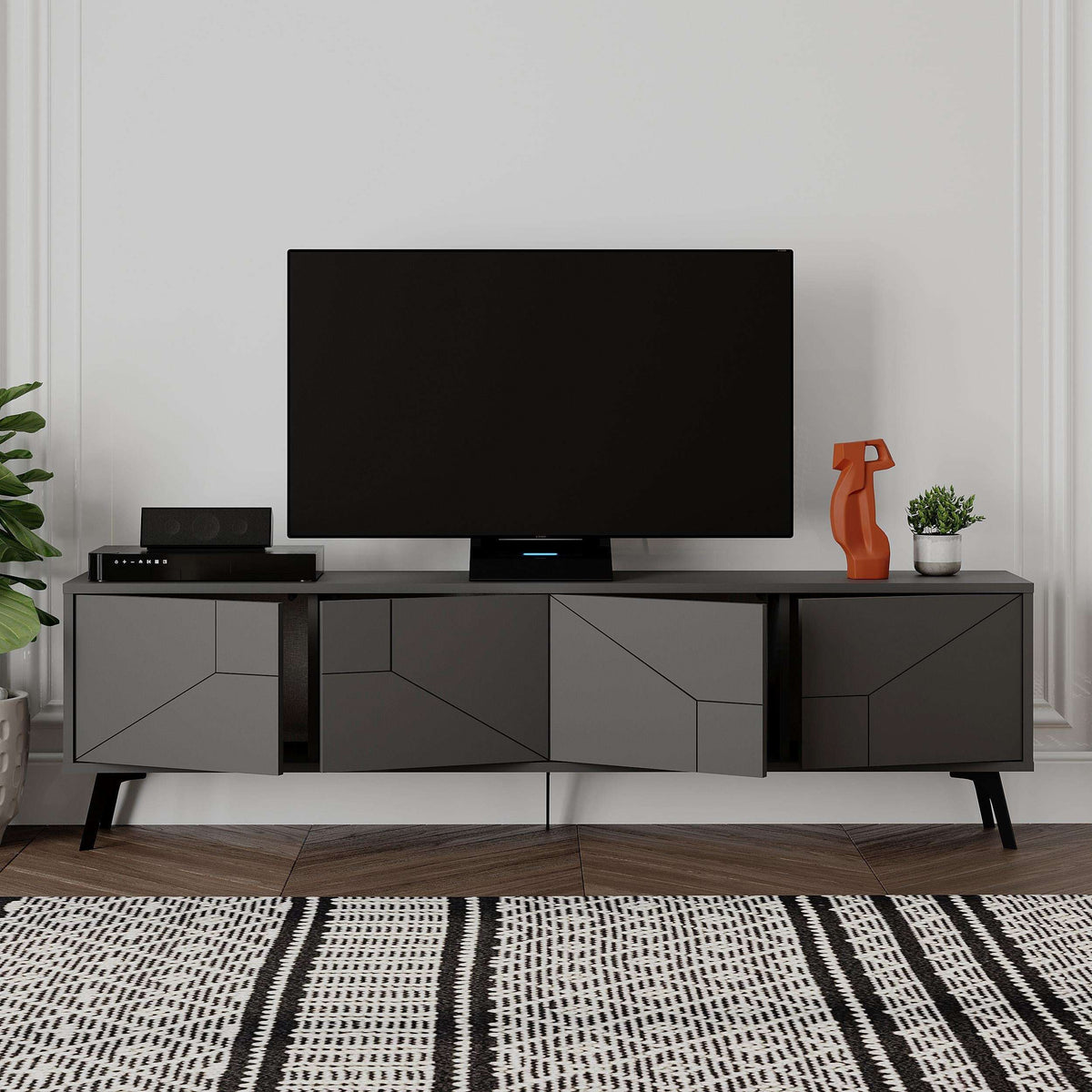 Modern TV stand with storage cabinet, dark grey finish, low console design