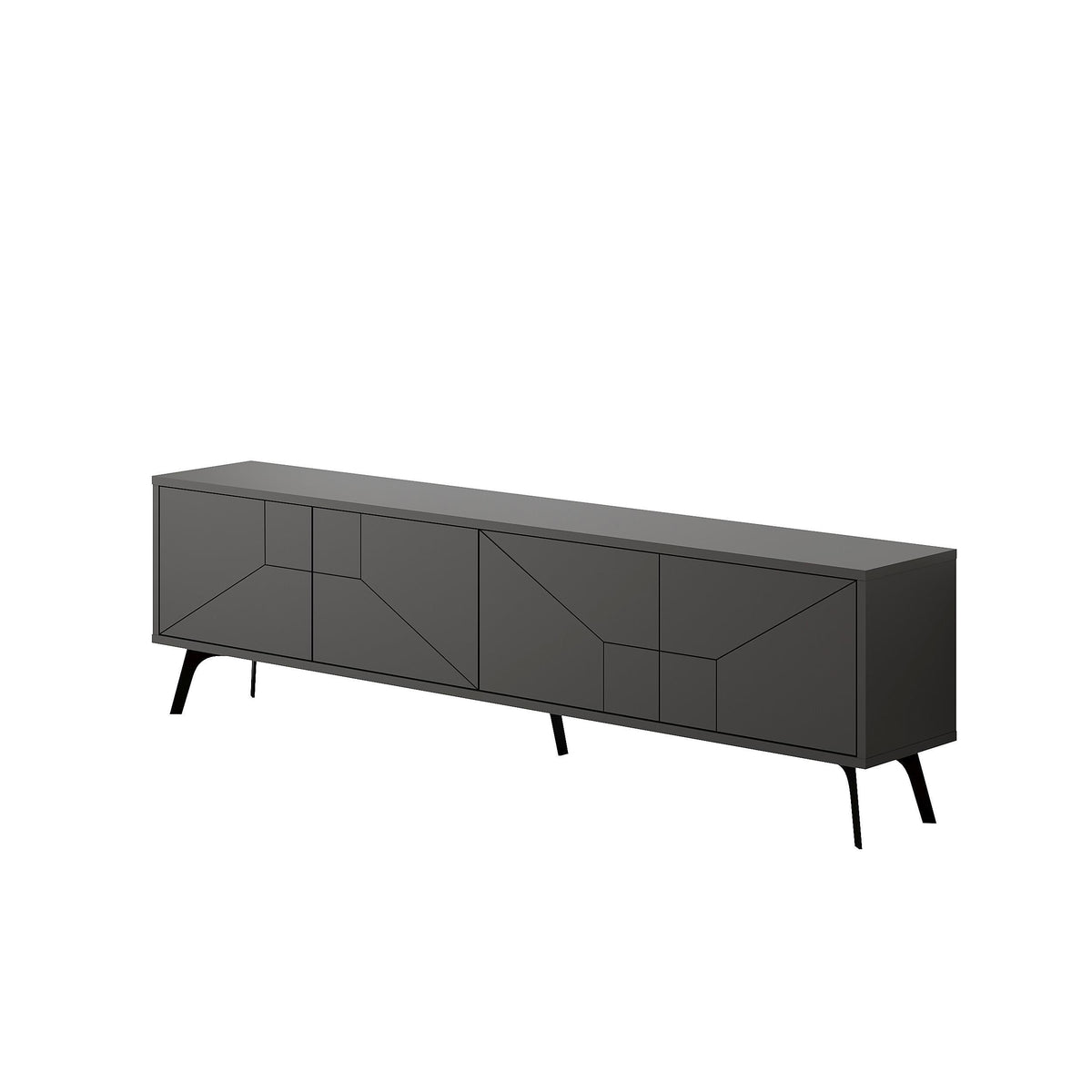 Anthracite grey TV stand with side cabinet doors, geometric panels, and tapered black legs