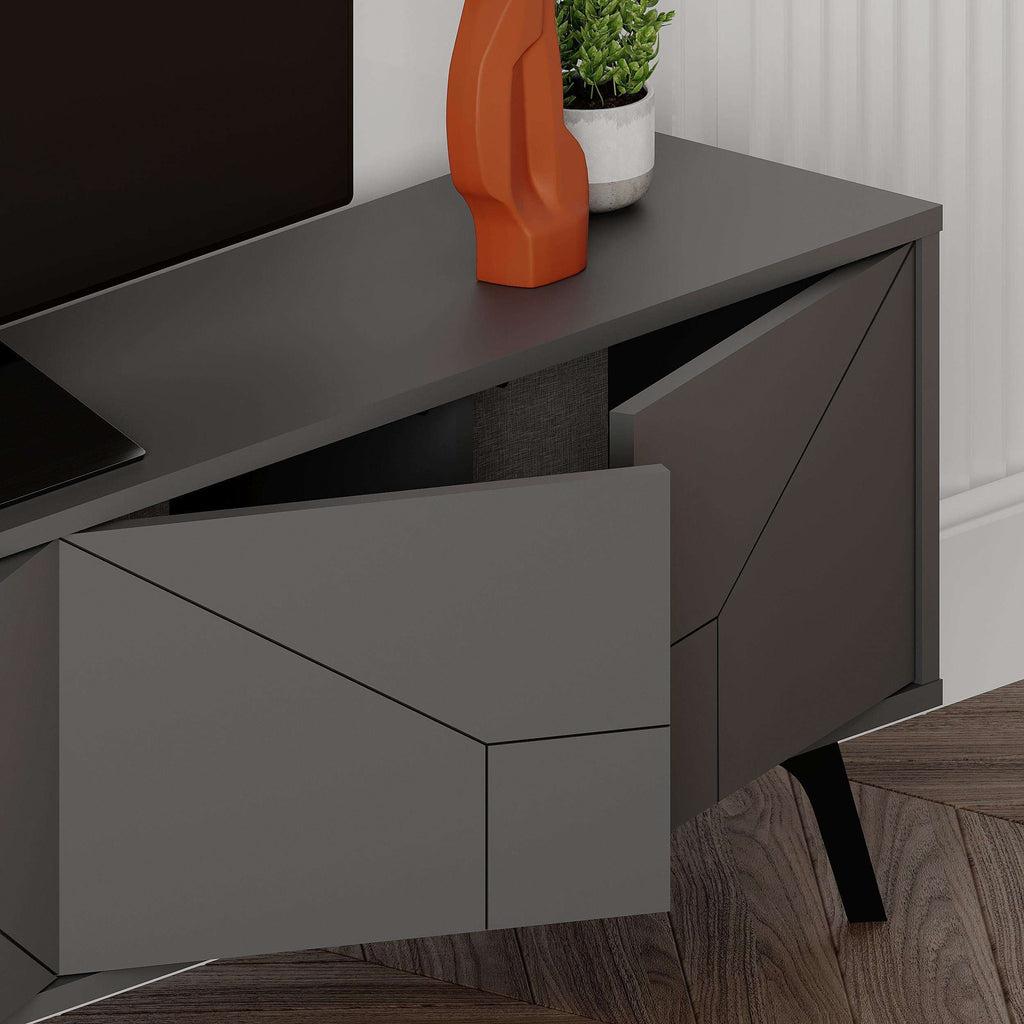 Anthracite grey TV stand storage cabinet with geometric door panels and black legs