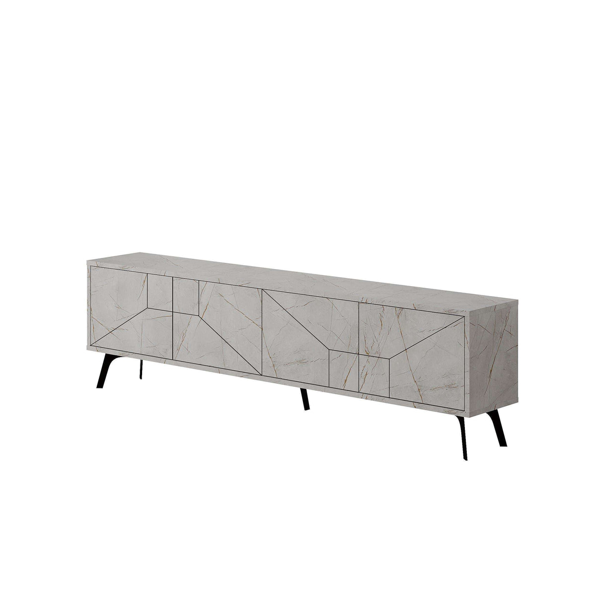 White marble-look TV stand with long cabinet design and tapered black legs.