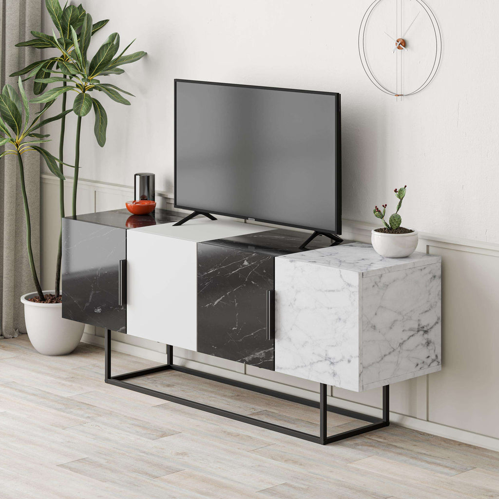 Modern TV stand console with TV shelf and marble-look doors in gray, dark, and white