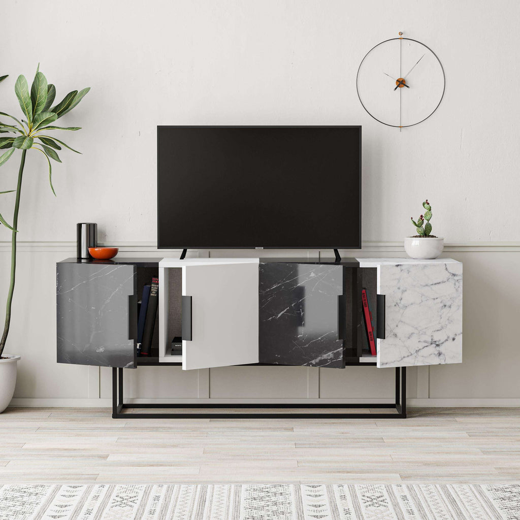 Modern TV media console with TV platform and cabinet doors in gray, white, and dark