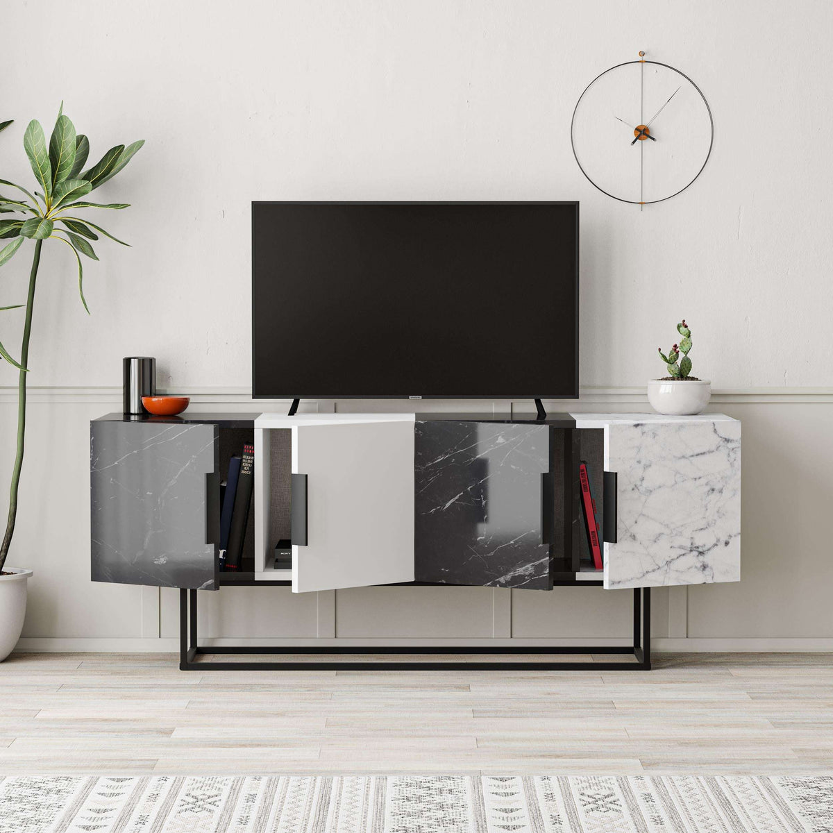 Modern TV media console with TV platform and cabinet doors in gray, white, and dark