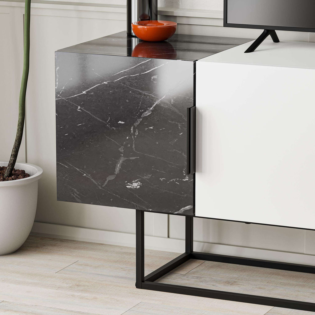 Side view of modern TV stand cabinet with dark marble-look doors and black metal base