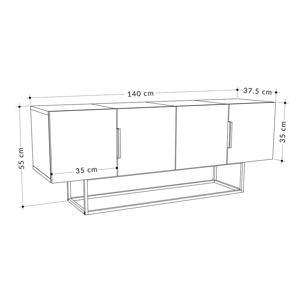 Modern TV stand with open shelf and four-door layout; front dimensions shown