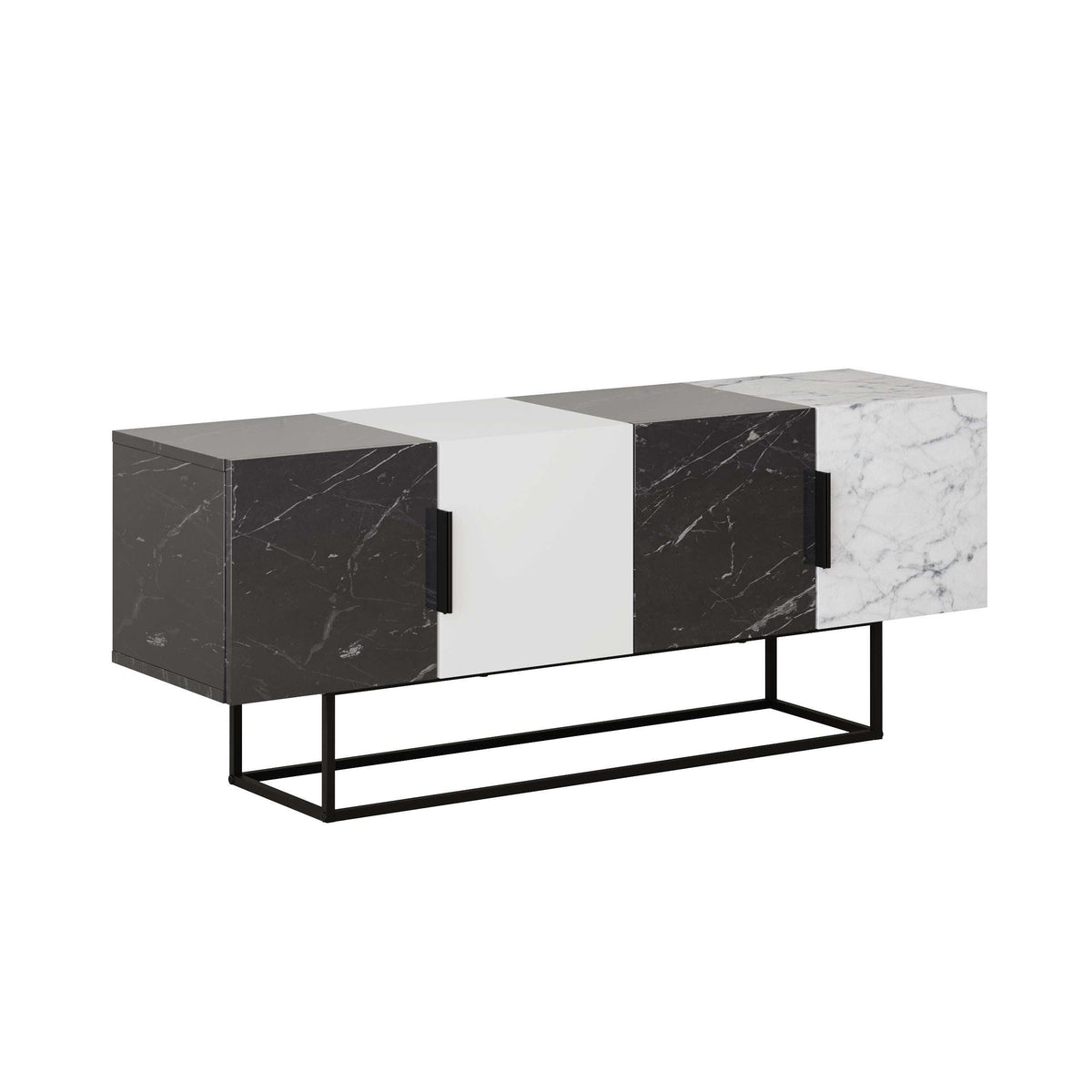 Modern TV media stand with three cabinet doors, black marble-look and white panels