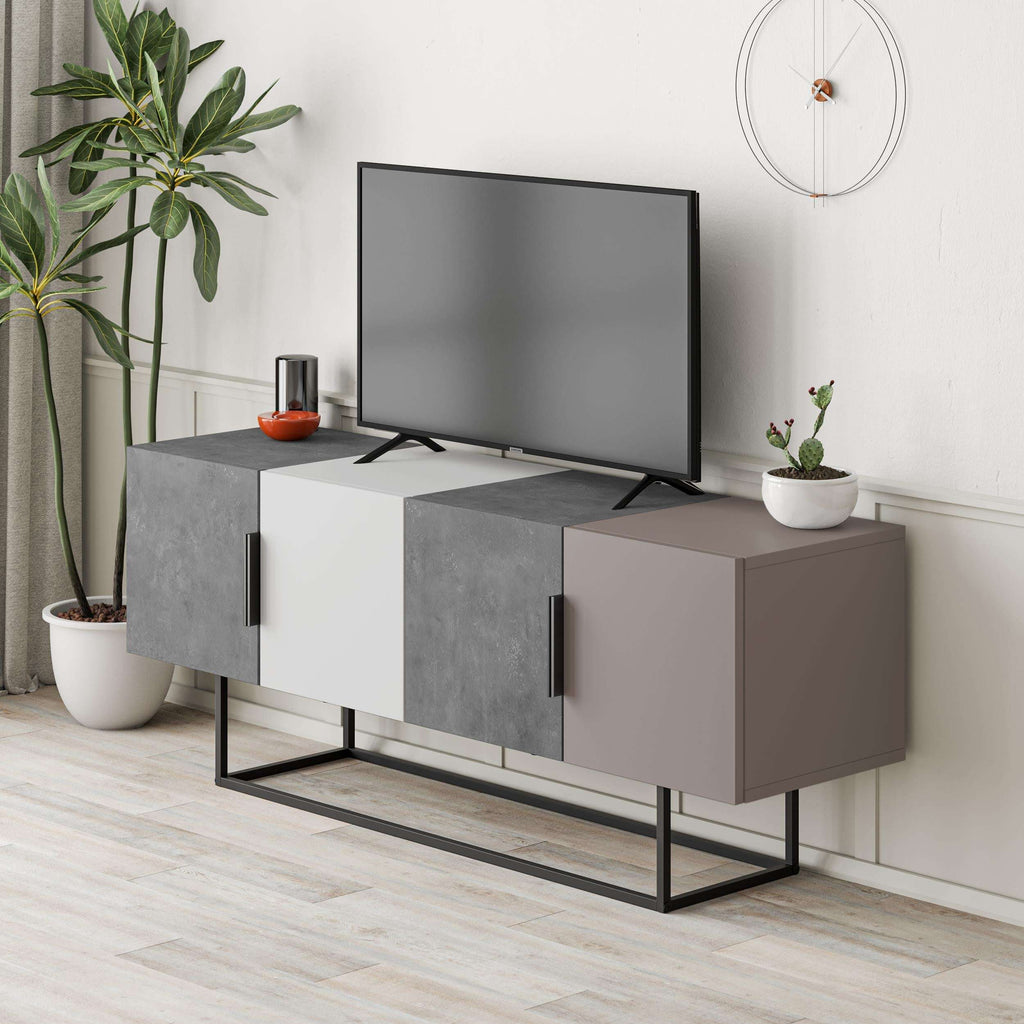 Modern TV stand with TV console, gray and light mocha doors, open storage cubbies