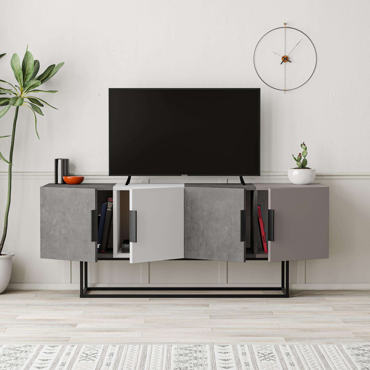 Modern TV stand with TV console, dark gray and white cabinet doors, open shelving