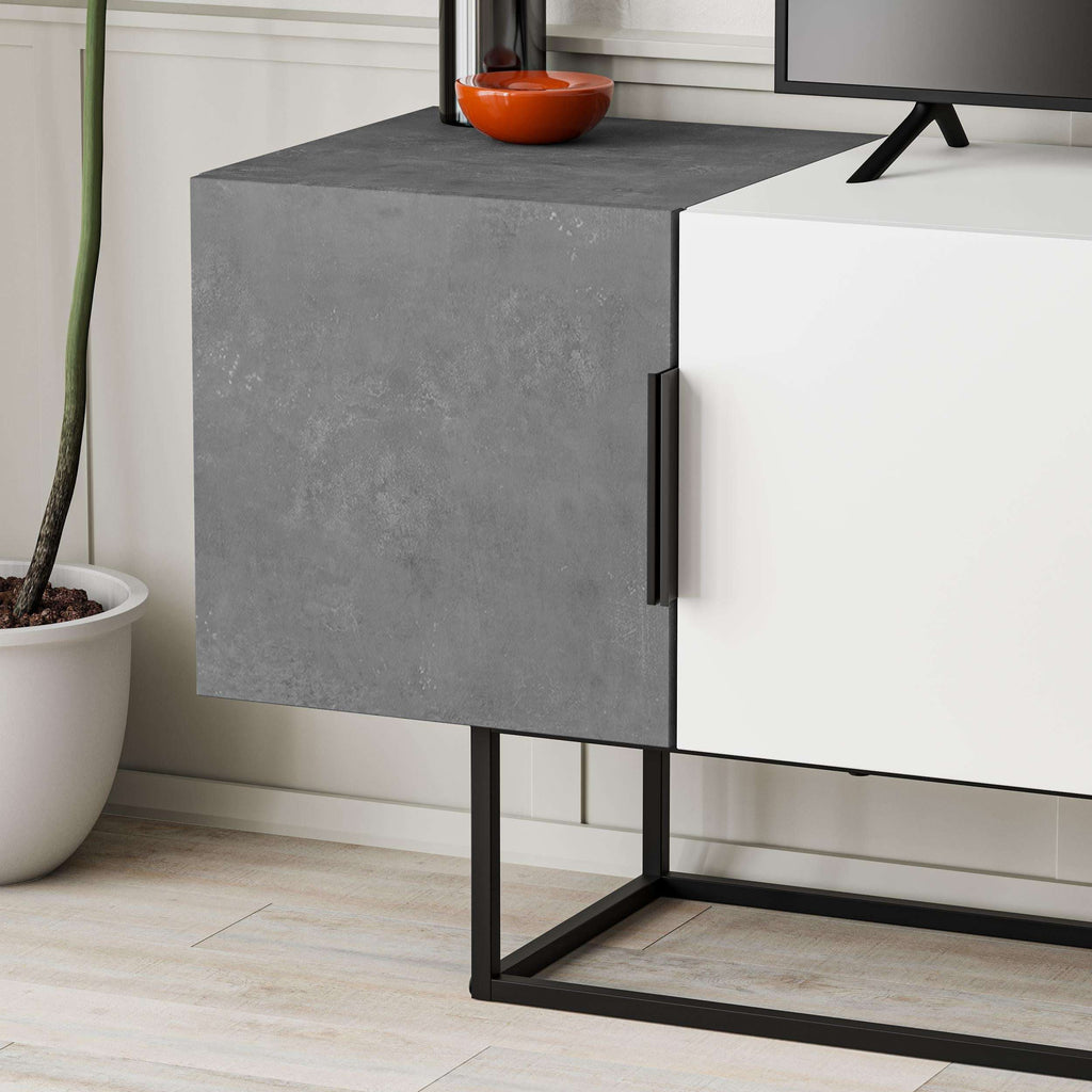 Modern TV stand corner view with dark gray top, white side panel, metal legs