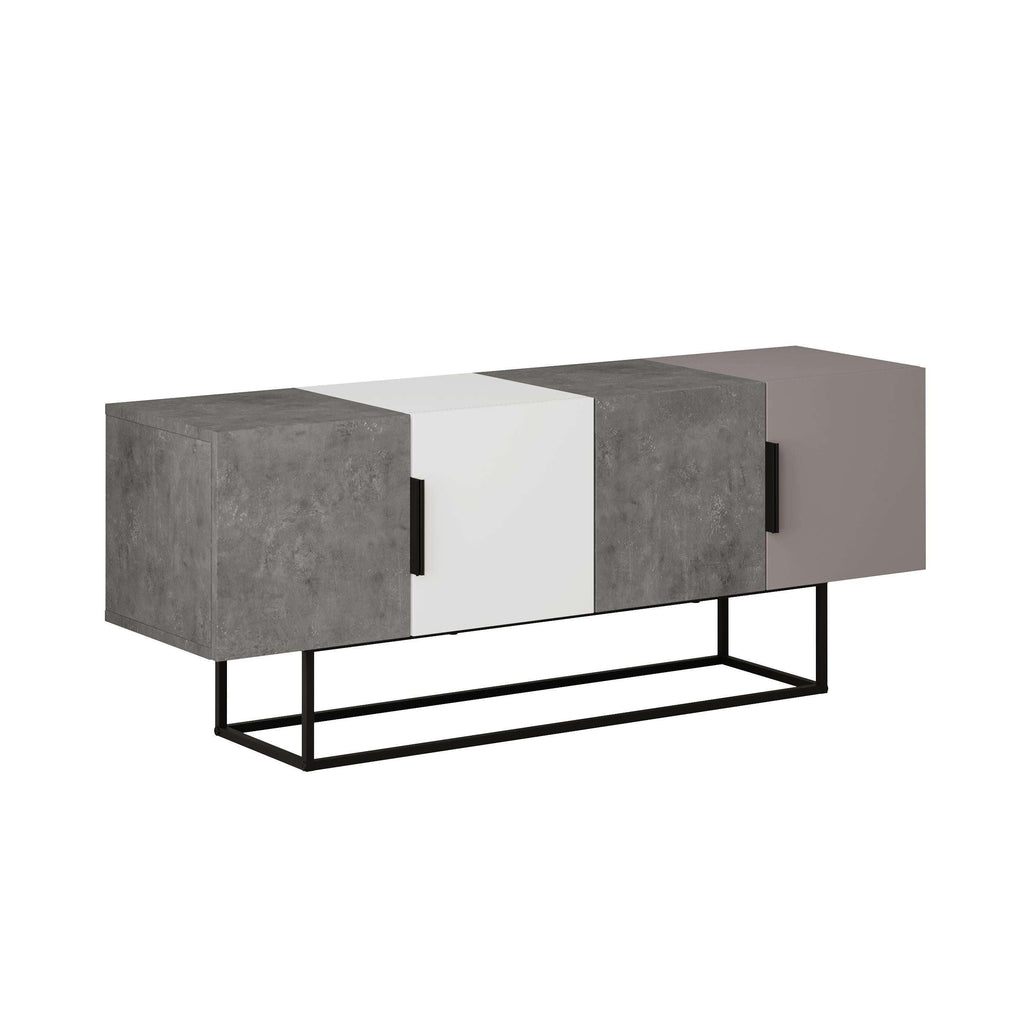 Modern TV stand with three cabinet doors in concrete-gray and white; black metal base