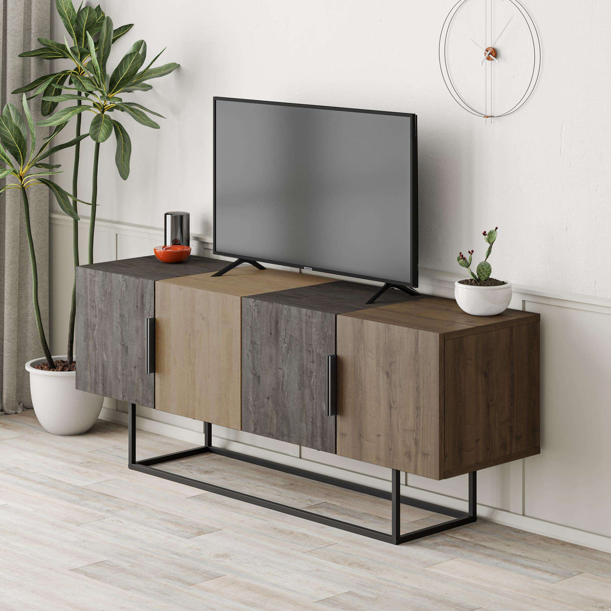 Modern TV stand with gray panels, wood doors, and open media compartments on black frame