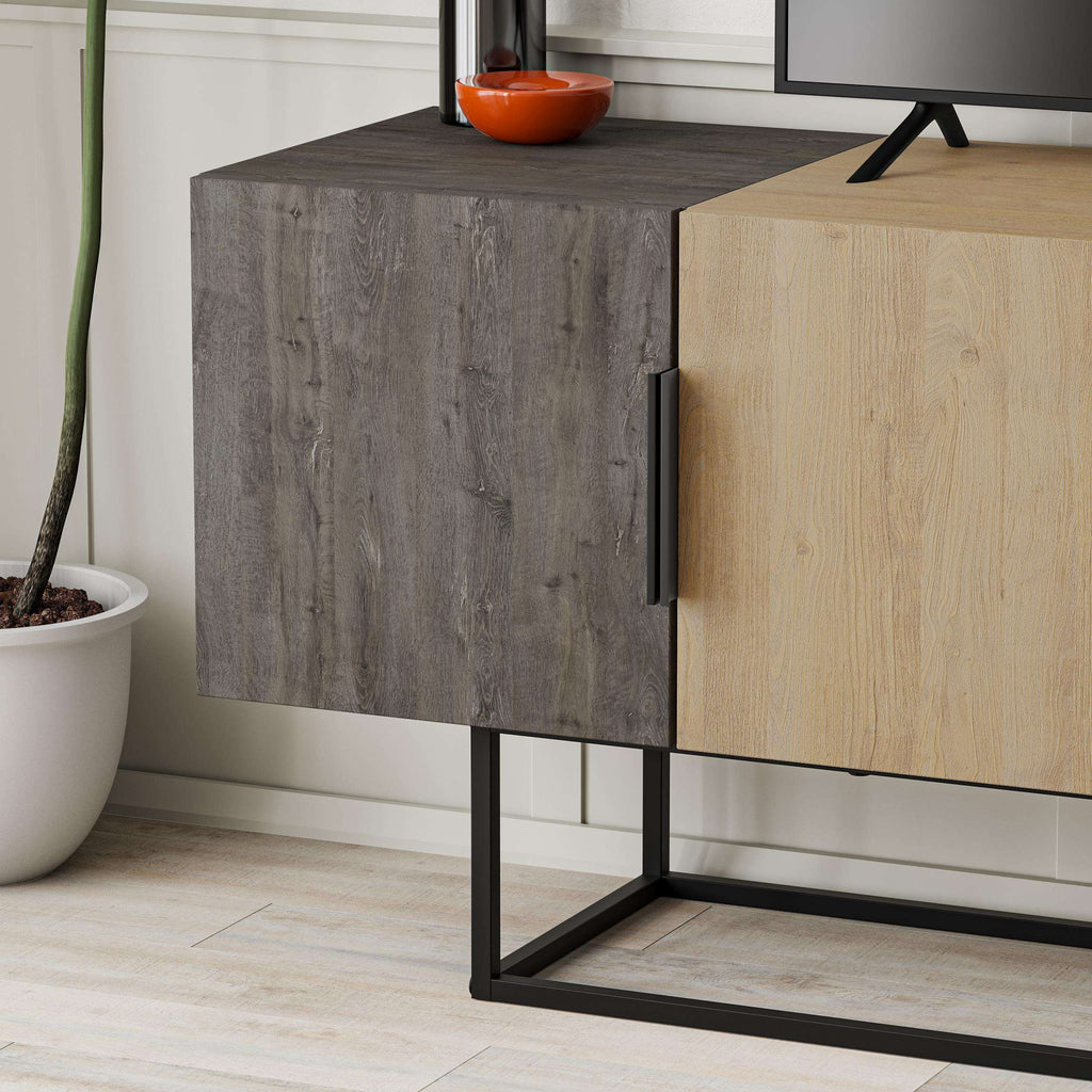 TV stand cabinet end in gray and light wood with black metal legs and side handle