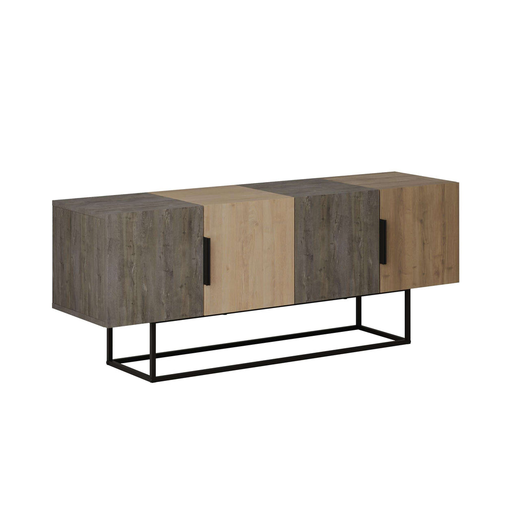 Modern TV stand side view with gray and light wood cabinet doors and black metal frame