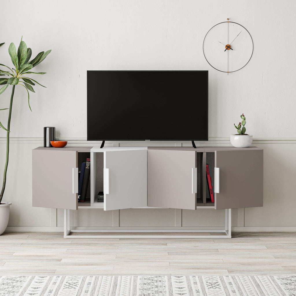 White TV stand with gray top, open shelf base, and side cabinet doors