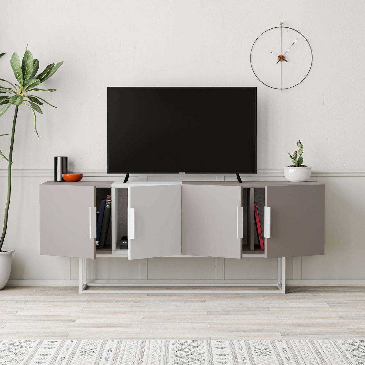 White TV stand with gray top, open shelf base, and side cabinet doors