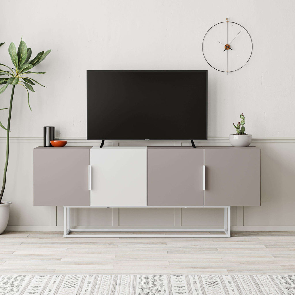 White TV stand cabinet with center shelves, gray side doors, and metal base