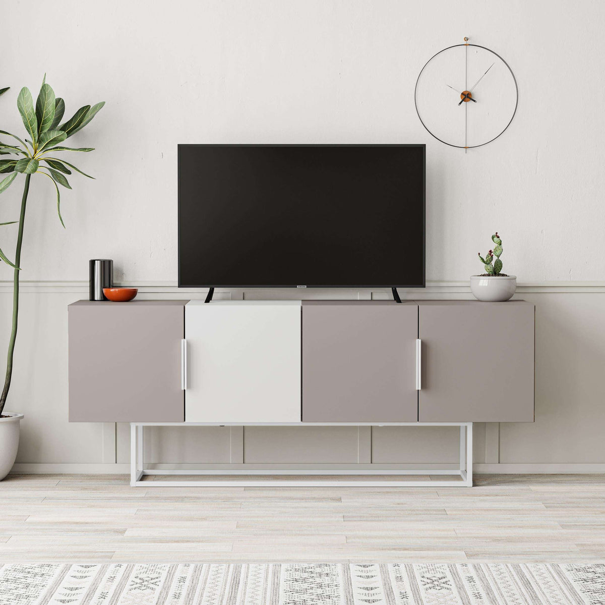 White TV stand cabinet with center shelves, gray side doors, and metal base