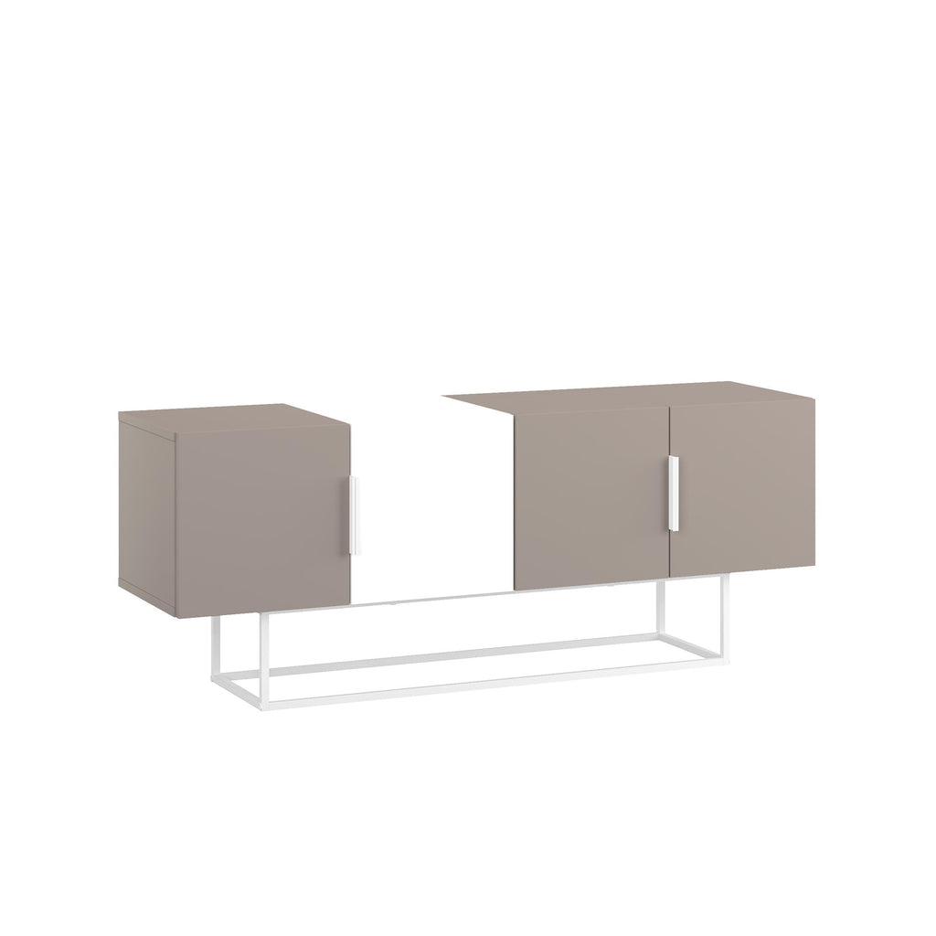 Modern TV stand with two gray cabinet doors and white metal frame