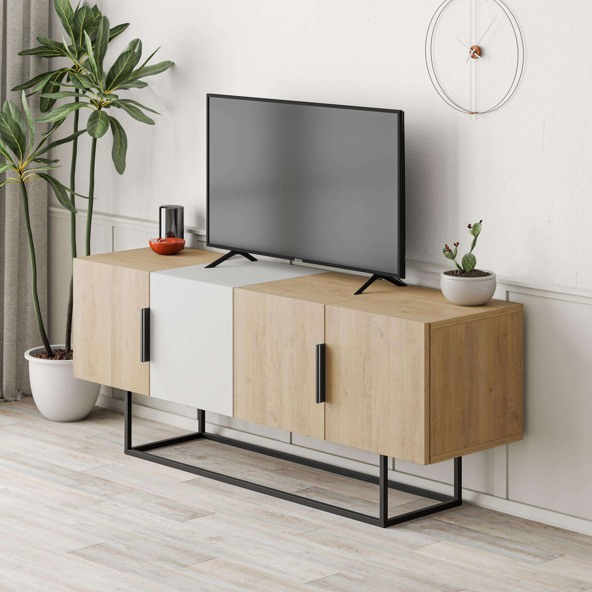 Modern TV stand with oak-look wood, white drawers, black metal legs, flat-screen TV