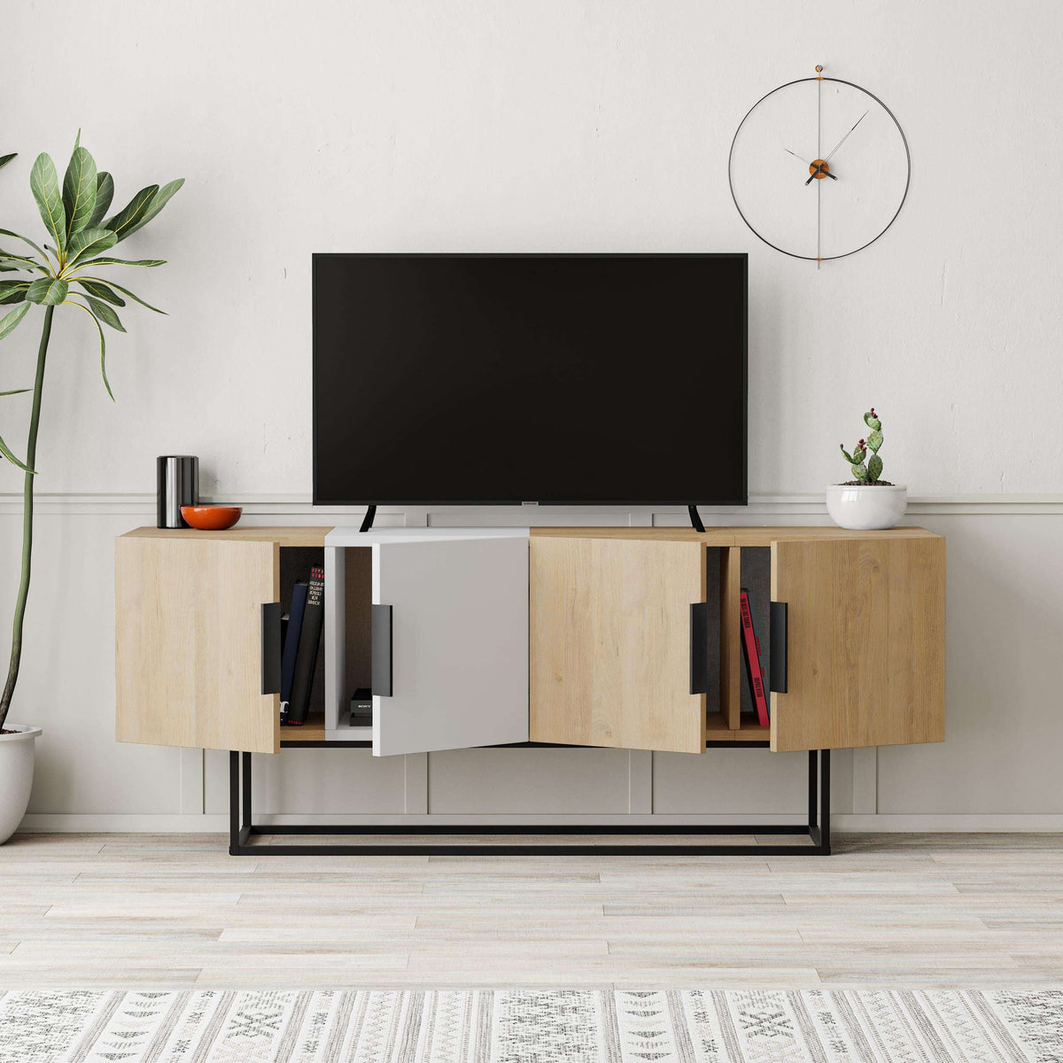 Modern TV stand with oak panels, open media shelves, and black metal frame