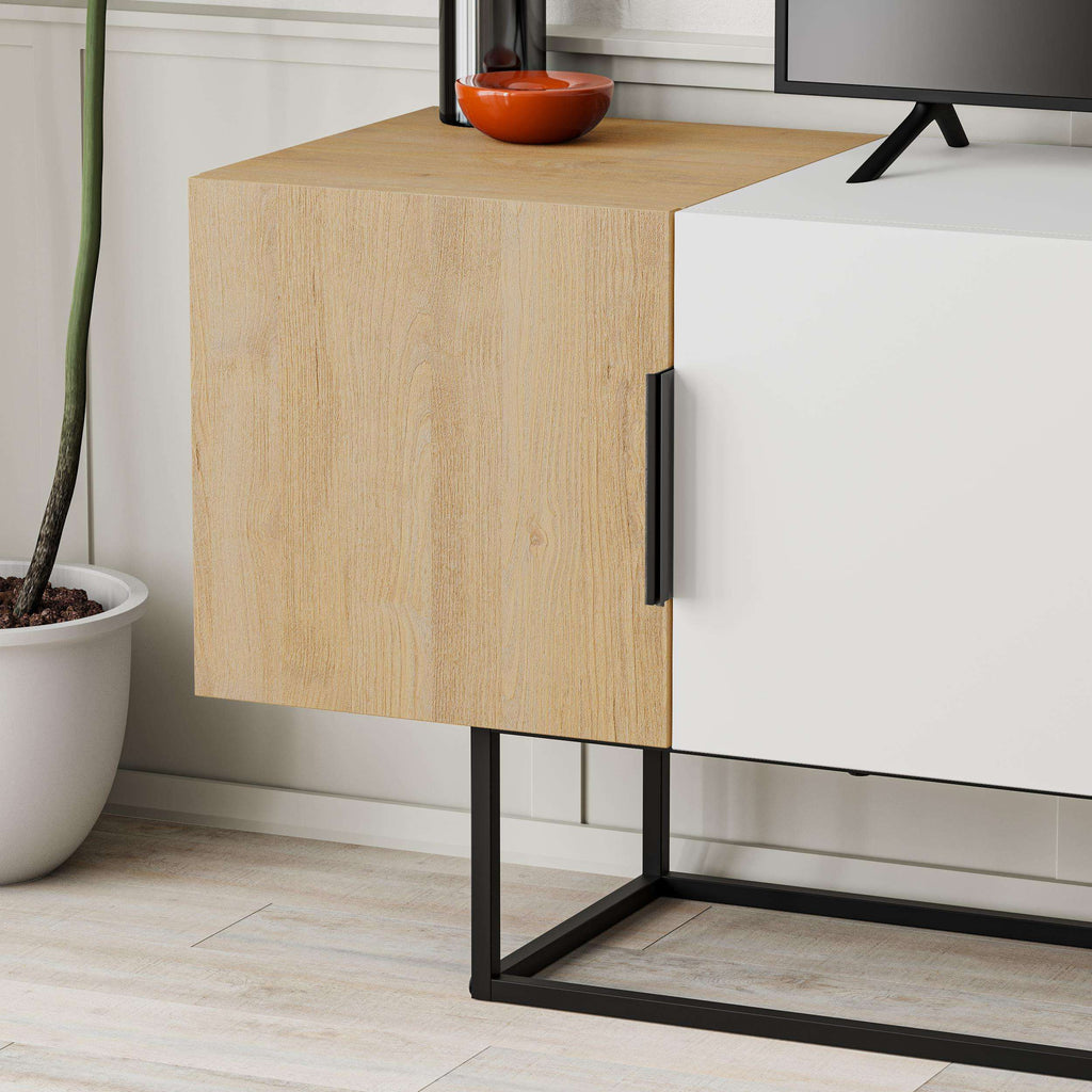 Oak TV stand cabinet with side door, black handle, and black metal legs