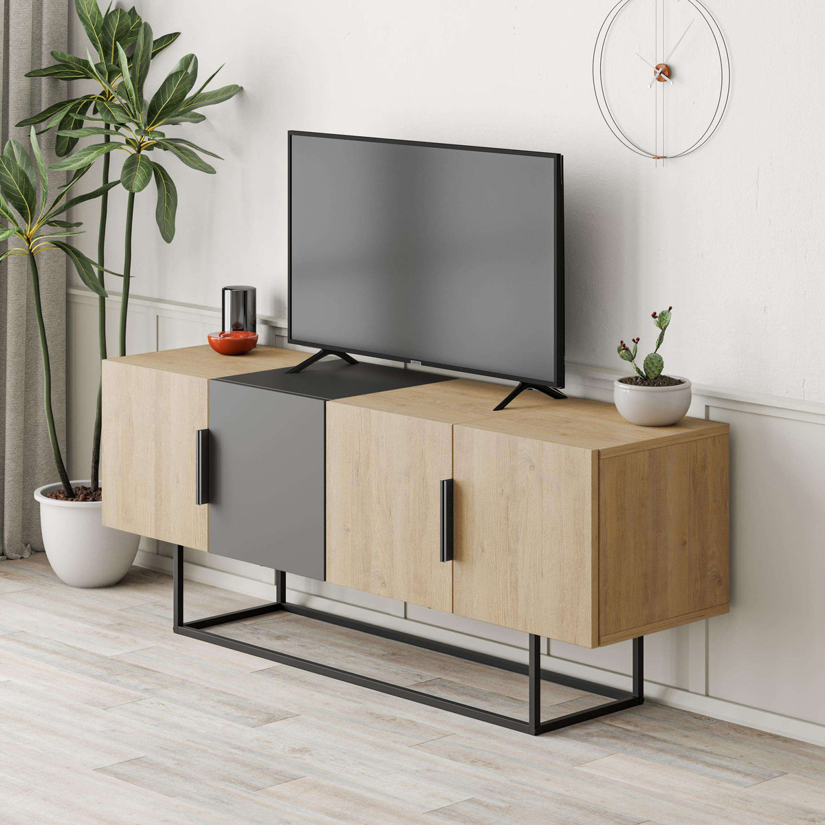 Modern TV stand with oak panels, light gray doors, and black metal frame