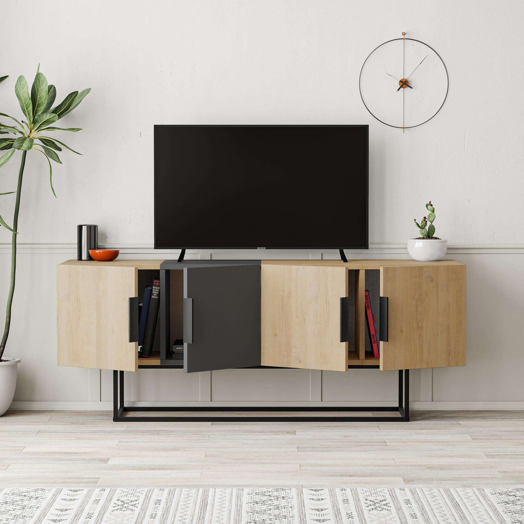 Modern TV stand with oak finish, open storage, anthracite doors, and metal frame