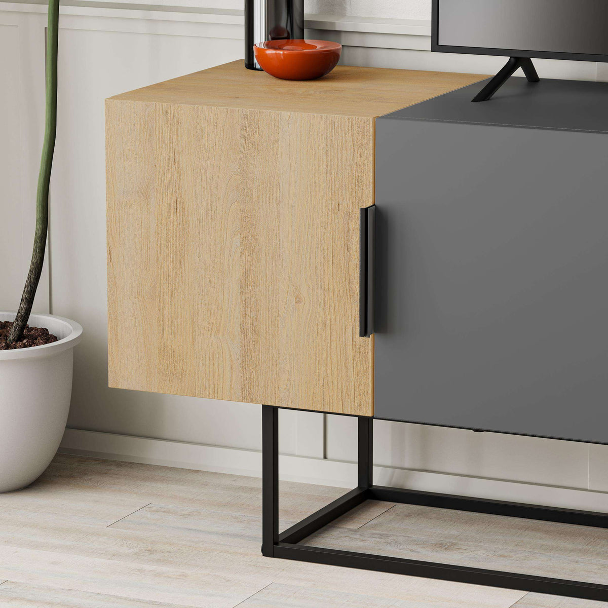 Oak TV stand side cabinet with anthracite panel door and black metal legs