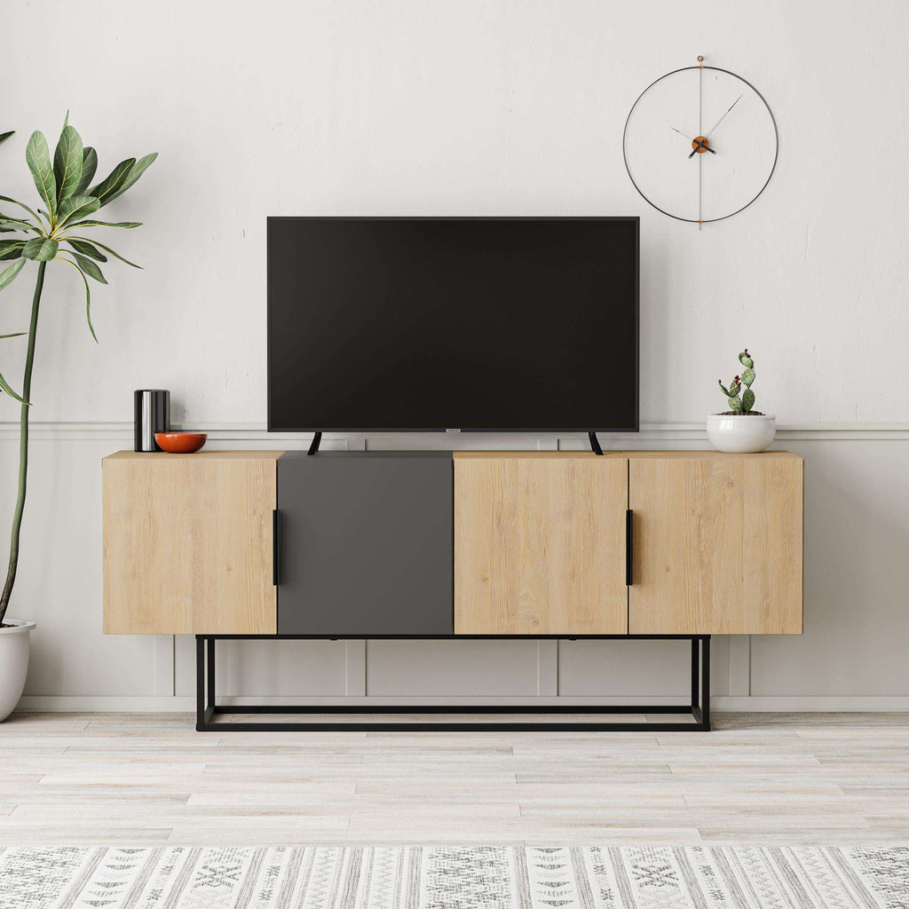 Modern TV stand with oak finish, anthracite center drawer, and black metal frame