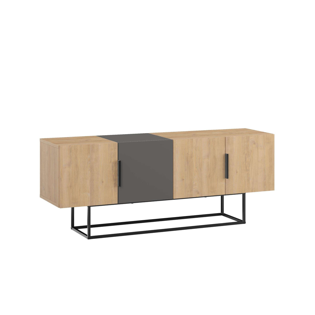 Modern TV stand with oak cabinets, anthracite center panel, and black metal base