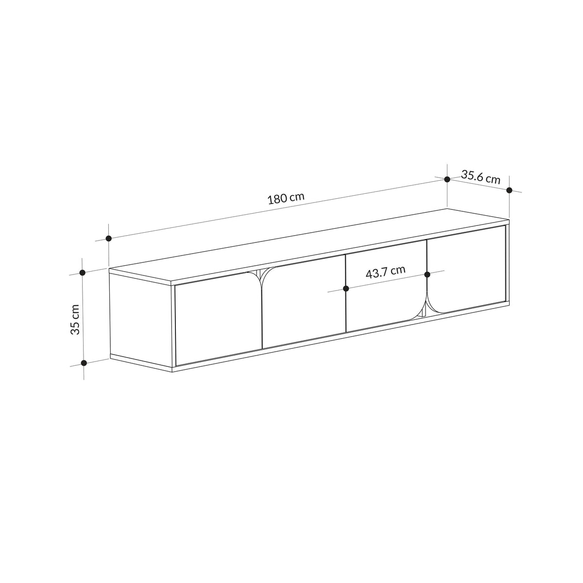 Floating TV stand with labeled dimensions: 180 cm width and 35.6 cm height