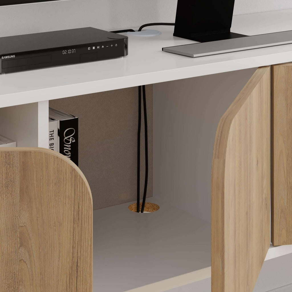 Light oak TV stand detail with open shelves and cable pass-through under the shelf.