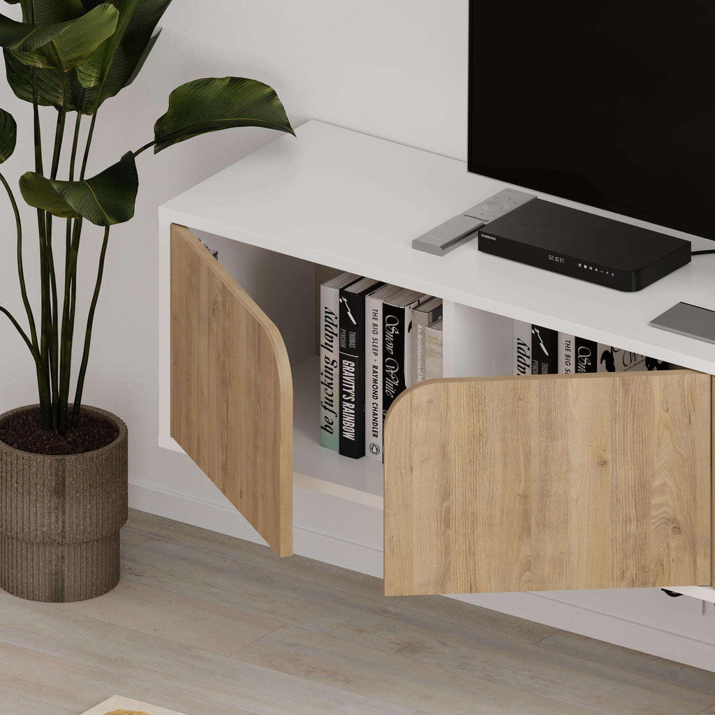 Floating TV stand with light oak side doors and open shelves under the TV platform.