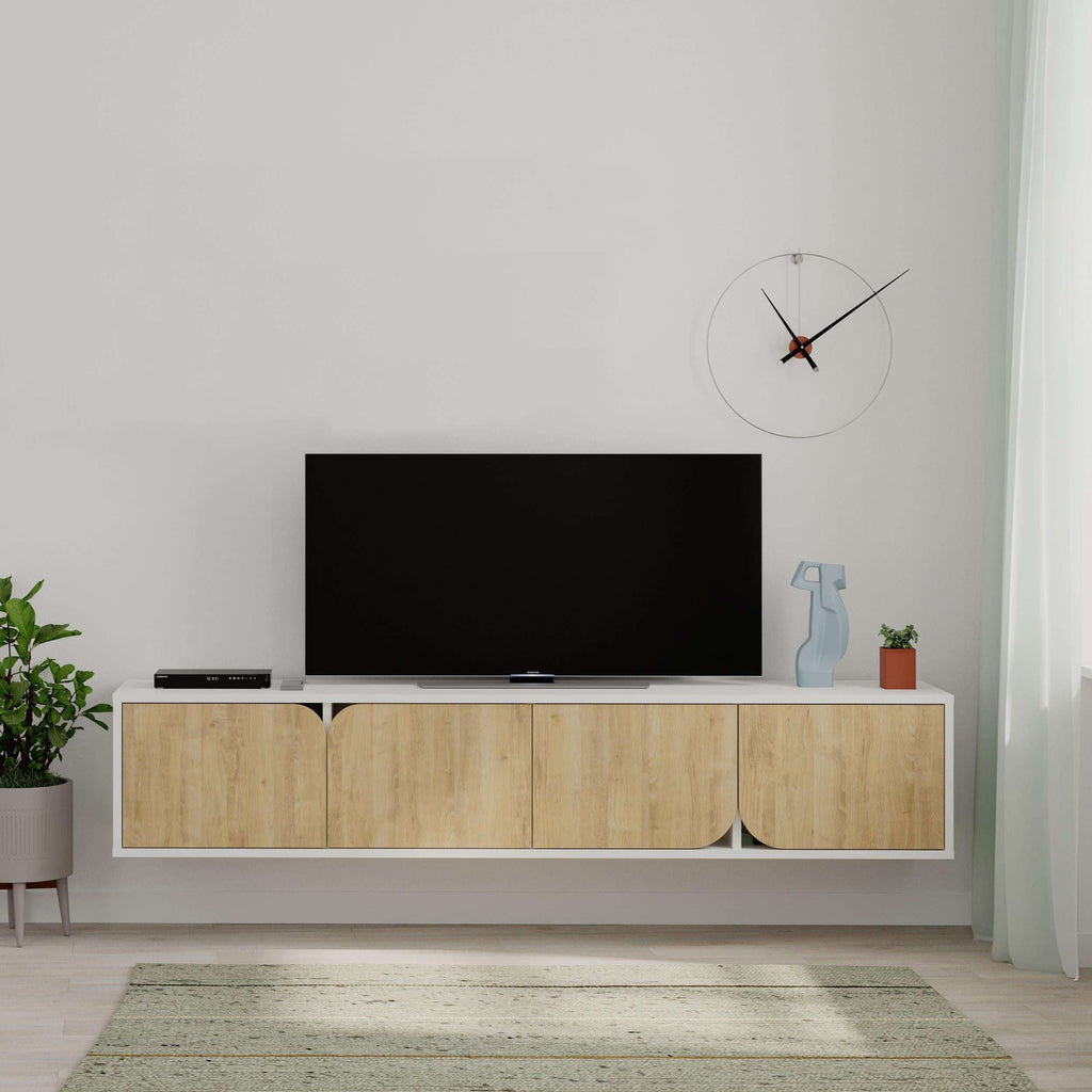 Floating TV stand with light wood doors and curved center cabinet section
