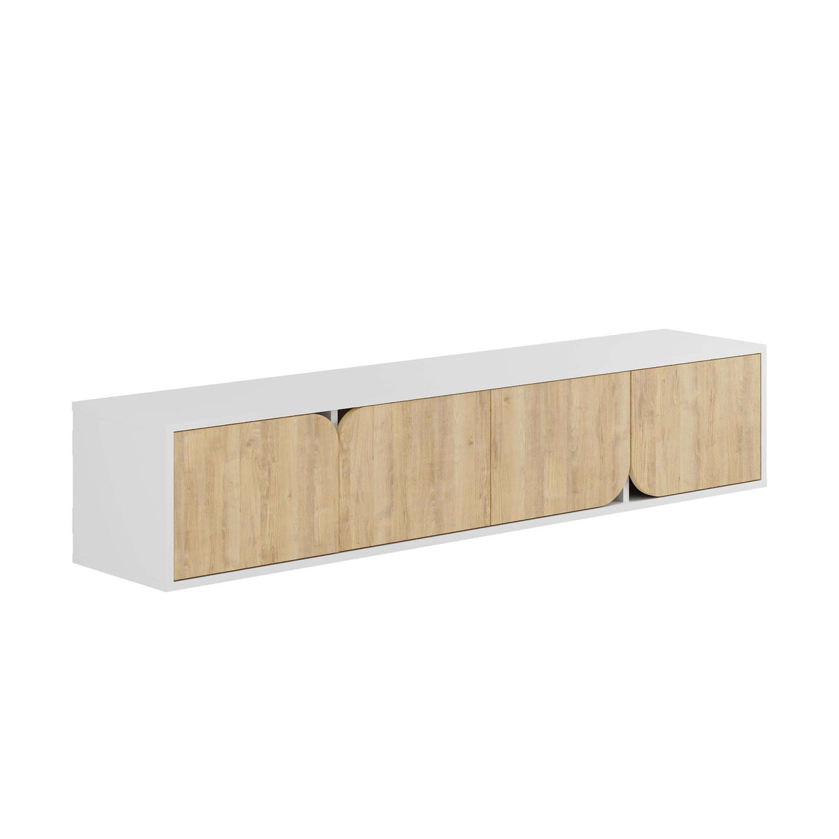 Minimal floating TV stand with light wood doors and rounded center cutout
