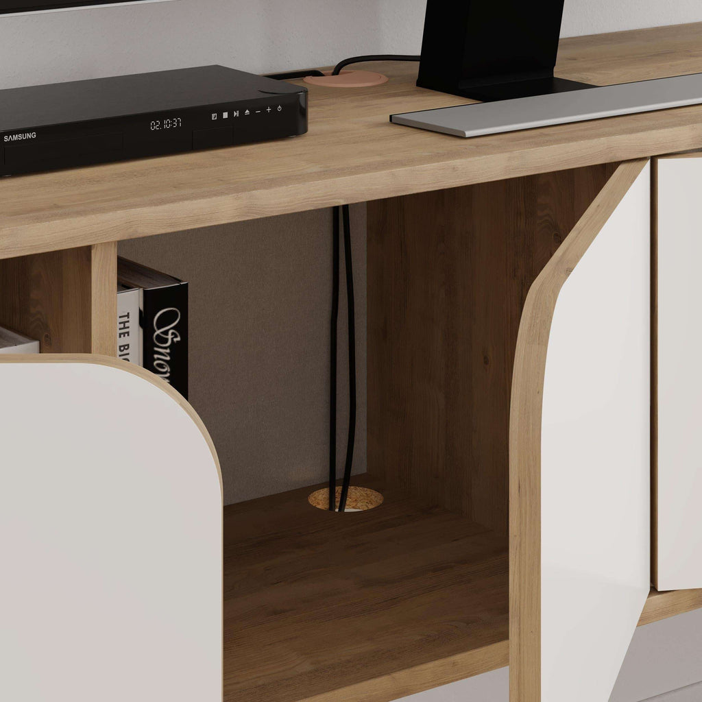 Modern floating TV stand close-up with light oak frame and white cabinet panel