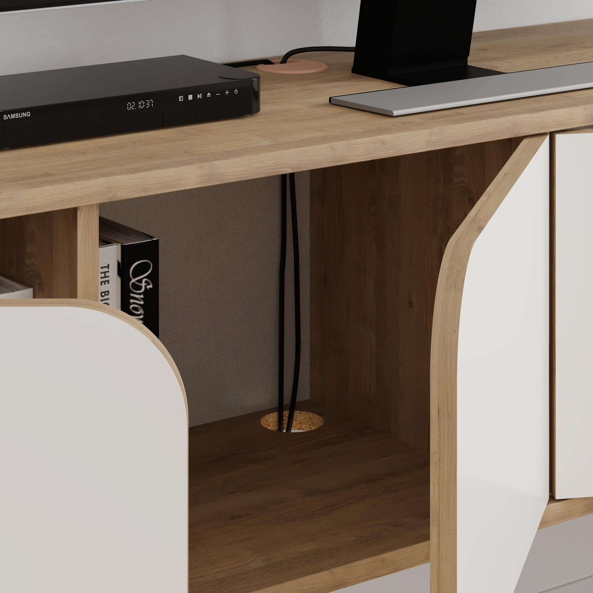 Modern floating TV stand close-up with light oak frame and white cabinet panel
