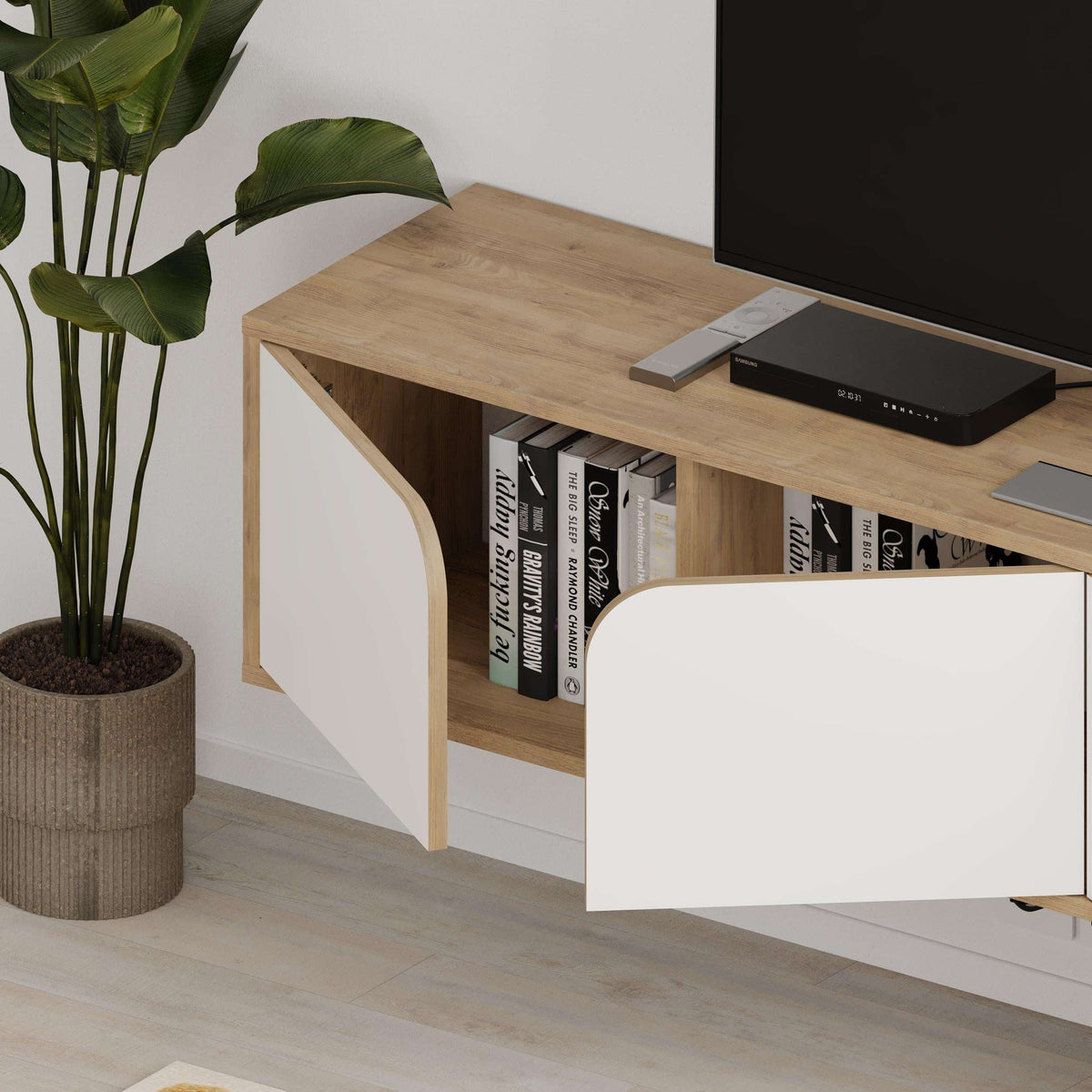 Floating TV stand with oak top and white cabinet drawers, side open shelf for media
