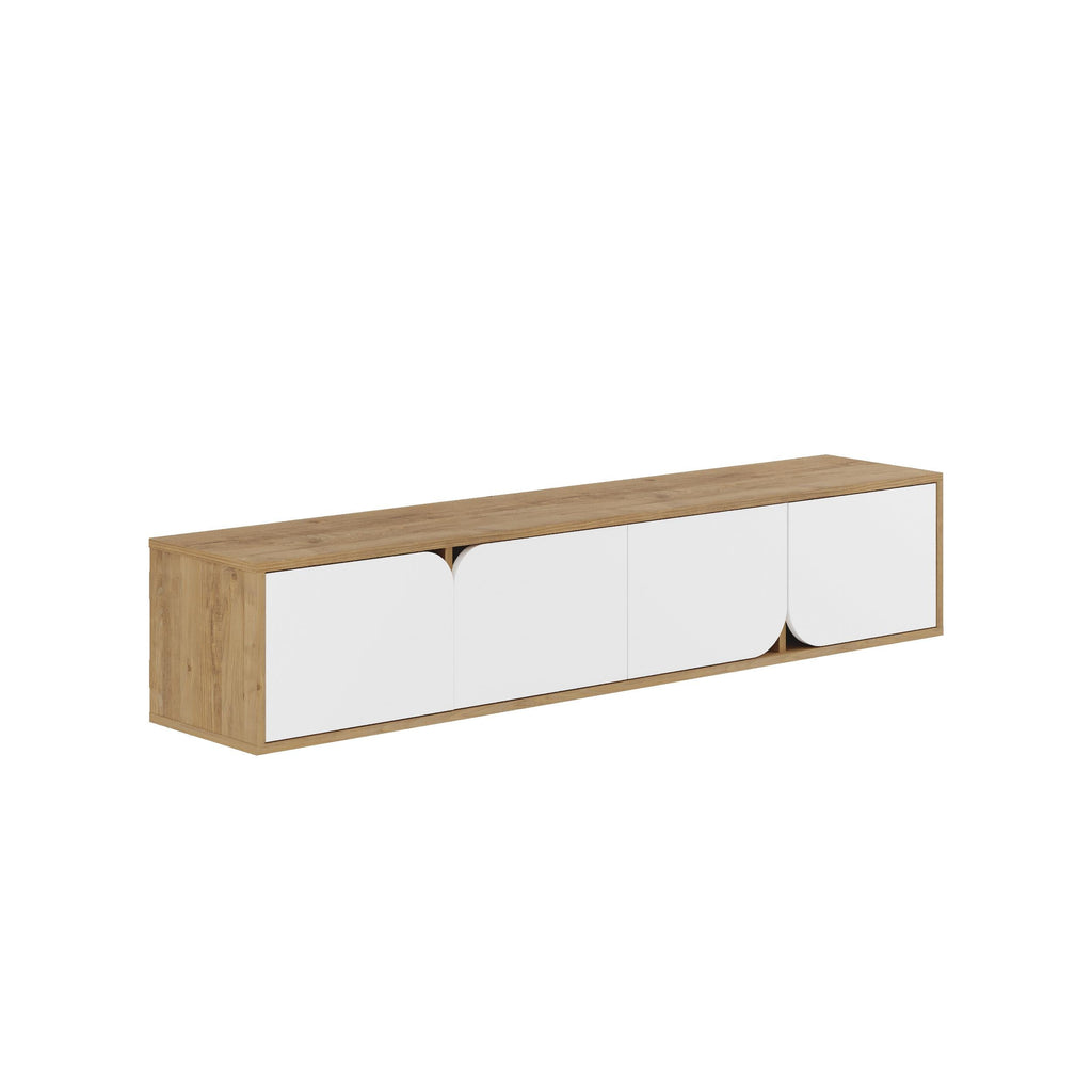 Modern floating TV stand side view with light oak frame and white cabinet doors