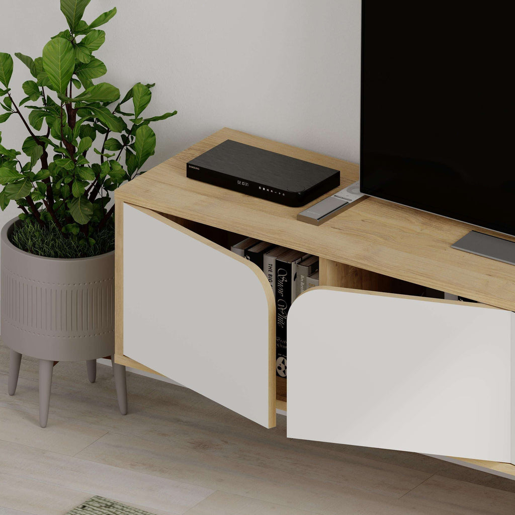 Modern floating TV stand with light oak top, black media player, and white cabinet doors
