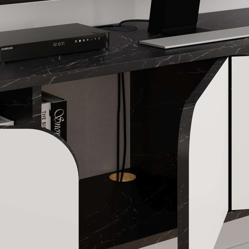 Floating TV stand close-up: black marble-look top and side panels with white drawer edge