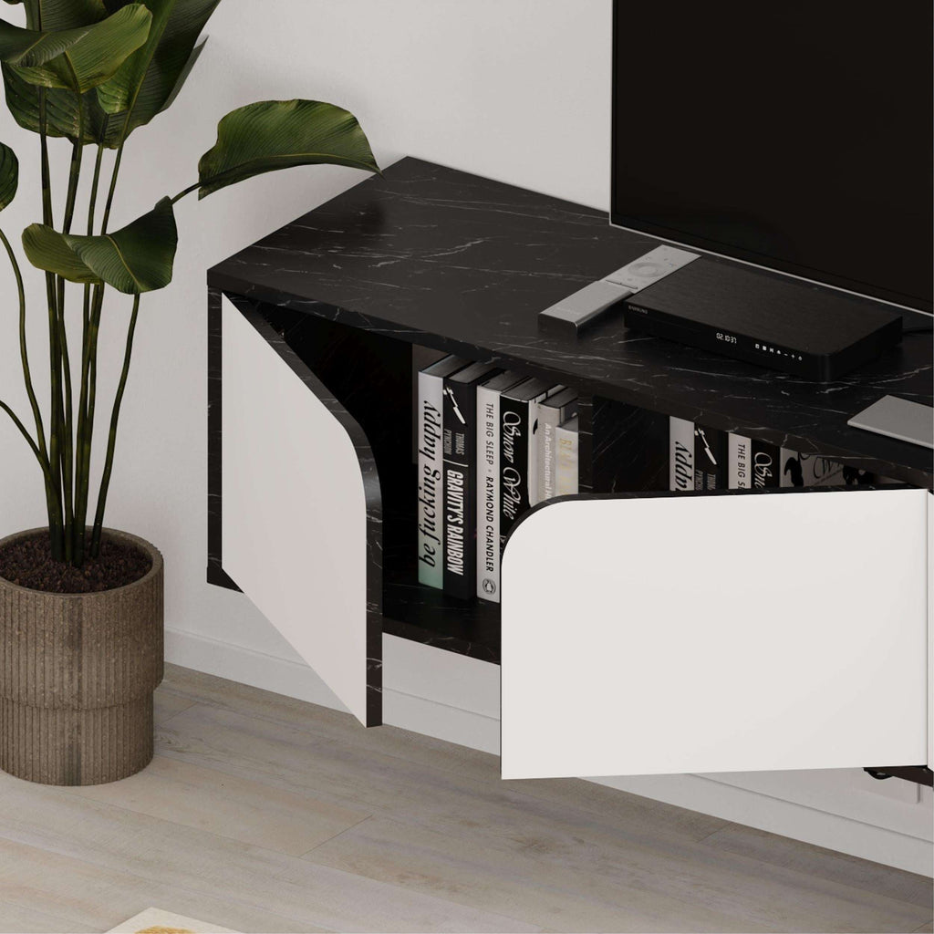 Floating TV stand with black top and white drawer cabinet, open shelf for media storage