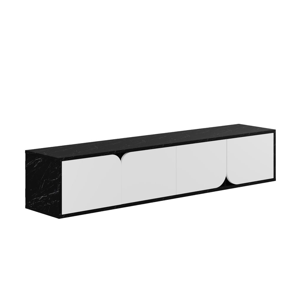 Floating TV stand with black marble-look frame and three white drawer fronts