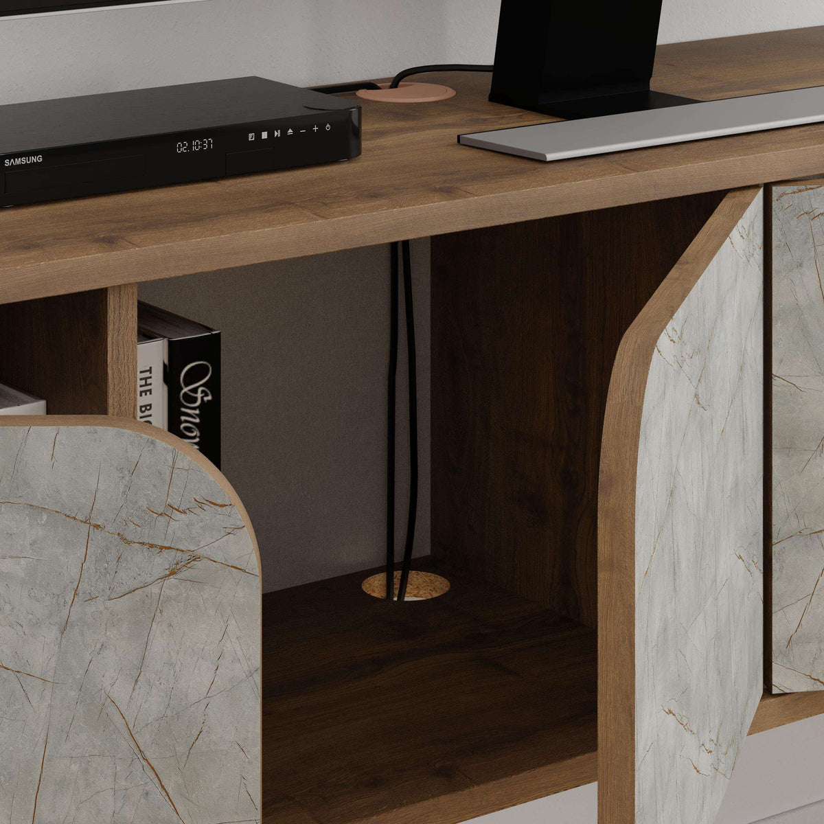 Modern floating TV stand with light oak frame and white marble-look cabinet panels