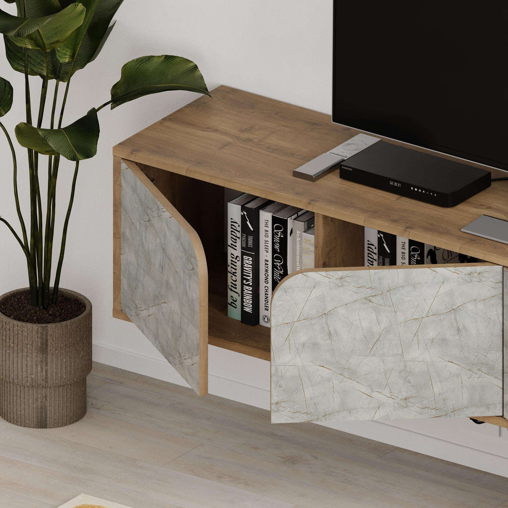 Modern floating TV stand with open shelves, light oak top, and white marble-look sides