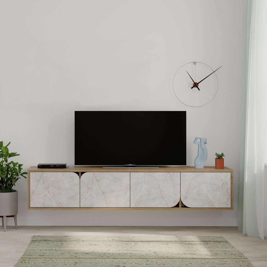 Floating TV stand with black top and white marble-look cabinet doors