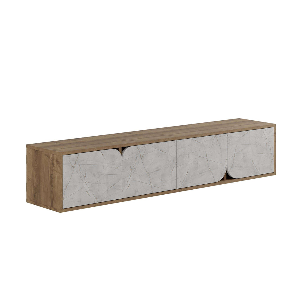 Floating TV stand with warm wood frame and white marble-look door panels