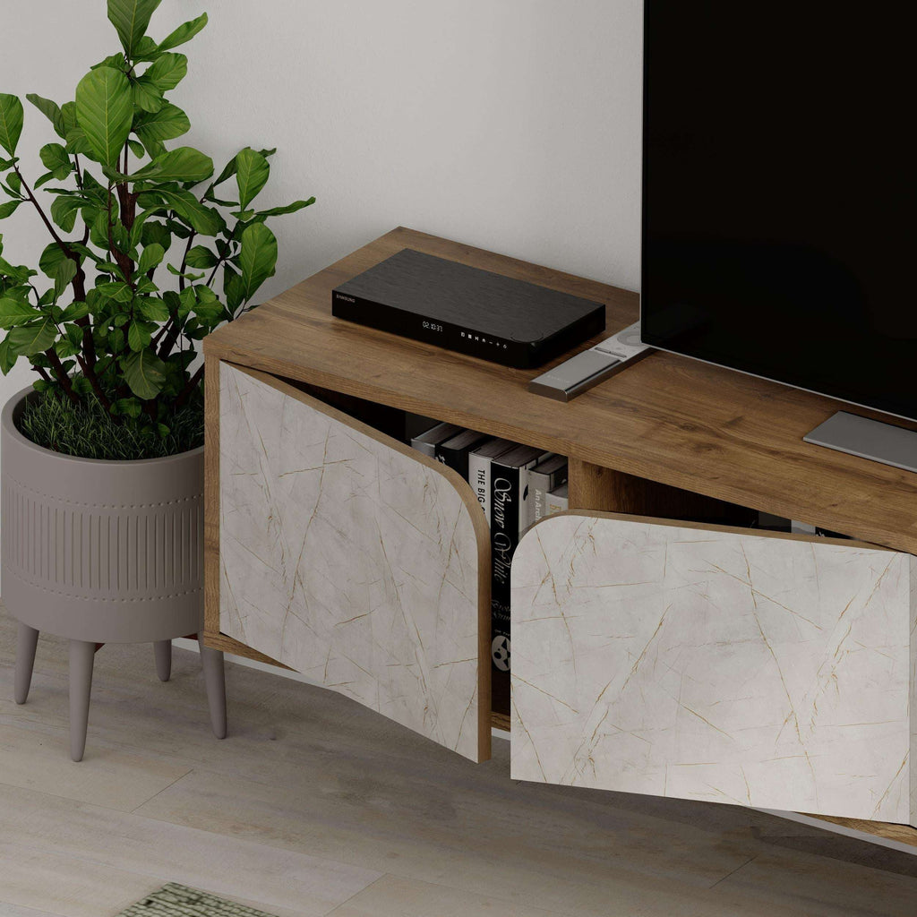 Floating TV stand corner view with wood top, open shelves, and white marble doors
