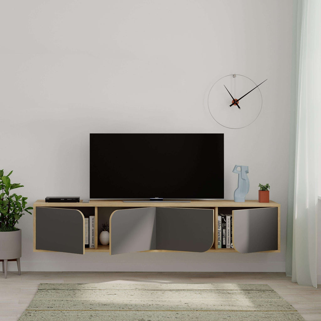 Modern floating TV stand with open shelving and dark gray drawer fronts